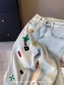 Christmas Cartoon Fleece Lined Denim Jeans High Waist Straight Leg Casual Pants Floor Length Warm Trousers Women Early Spring New Style. 