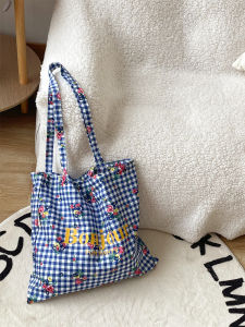 Large Capacity Plaid Canvas Bag Single Shoulder Commuter Bag French Style Tote Bag Soft Handle Daily Match Foldable Handbag