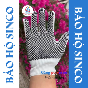Găng Tay Sợi Polyester Trắng Phủ Hạt Nhựa Đen Găng Tay Lao Động Bảo Hộ Sinco 350g 550g Chống Trượt Bền Chắc.