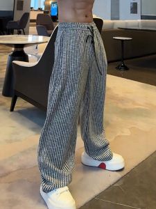 Spring New Style Mens Casual Pants Wide Leg Loose Fit Black White Stripes Pleated Straight Tube Trousers Comfortable Loose Feeling