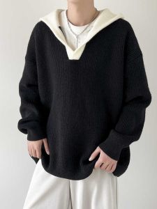 Korean Style Loose V Neck Contrast Colors False-Two-Piece Hooded Sweater Mens Autumn and Winter Thickened All-Matching Pullover Couple Sweater