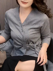 UYFY | Gray Belt Design V-neck Long Sleeve Womens Jacket Elegant Style Autumn New Fashion Aging Reduction Sophisticated Top