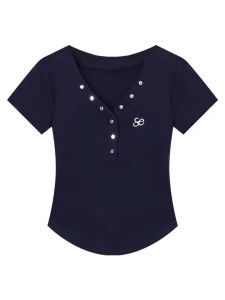 plus Size Womens Slim Fit T-Shirt V-Neck Short Sleeve Button up Casual Korean Style Cotton Blend Summer Top for Young Women