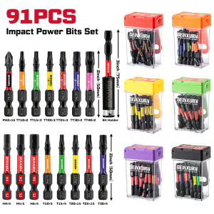 Geinxurn 91PCS Impact Driver Bit Set Multi‑Color Coded High Hardness Steel With Retractable Hook Storage Case