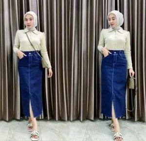Rok Jeans Wanita CORAL Belah Depan 7/9>>Rok rawis dewasa model  terbaru