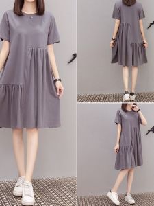 Cỡ Lớn Mùa Hè Mới Nữ Đầm Rộng Rãi Phong Cách Hàn Quốc Vỏ Bọc Bụng Nối Tay Ngắn Bất Đối Xứng Thon Gọn Váy