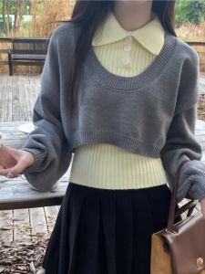 Short Knitted Vest Top Shirt Three-piece Set High Waist Autumn Winter Fashion Design Polo Sweater Skirt Ensemble for Women