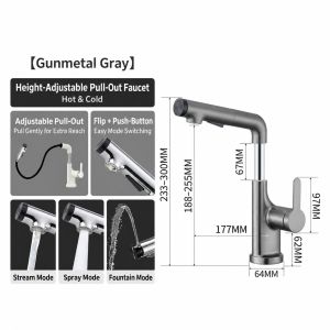 Pull Out Basin Faucet Height Adjustable Lift Hot Cold Bathroom Sink Mixer Tap 3 Modes Upward Fountain 360 Swivel