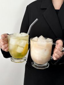 Cốc Thủy Tinh Dung Tích Lớn Có Thanh Sọc Dọc Hình Quả Lê Dùng Để Đựng Cà Phê Đá Trà Sữa Nước Ép Cốc Có Tay Cầm Phong Cách Bắc Âu Cổ Điển