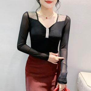 REHIN Autumn New Hollow Out Mesh Rhinestone Embellished Long Sleeve T-shirt Printed Mesh Elegant Womens Top