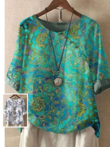 Summer Clothing Retro Cotton and Linen Printed Short-Sleeved T-Shirt Plus Size Ladies Plus Size Womens Clothing Diagonal Breasted round Neck All-Matching Casual Tops