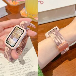 สายนาฬิกาไนลอนถักพร้อมเคสซิลิโคนสำหรับ Huawei Band 10 / Huawei Band 9 / Huawei Band 8 7 6 สำหรับ Huawei Band10 Band9 Band8 Band7 Band6 สายนาฬิกาไนลอนถักพร้อมเคสเปลี่ยนสายได้