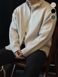 Mens Knitted Zipper Collar Cardigan Casual Pure Color Autumn Winter Jacket Soft Modal Fabric Business Casual Style Long Sleeve