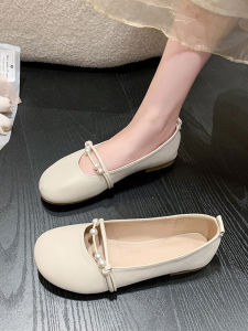 Spring Autumn New Womens Flat Bottom Pearl Mouth Fairy Style Single Shoes Comfortable Low Heel Rubber Outsole Daily Wear