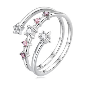 BAMOER 925 Sterling Silver Multi-layer Star Ring Clear and Red Zircon Ring for Women Fashion Birthday Gift Fine Jewelry BSR310
