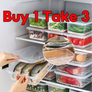 【BUY 1 TAKE 3】Fresh Box Kitchen Storage Box Large Size Fruits Meat Fish Food Drain Fridge Keep Fresh Refrigerator Frozen Storage Box Kitchen Refrigerator Fresh-keeping Egg Storage Box Can Be Superimposed With lid Dustproof Size Egg Tray Storage Box