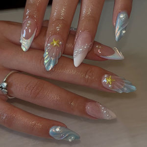 24pcs/set 3D embossed fake nails for women girls Sea Shells flowers cat eyes short medium long nail tips press on false nail art