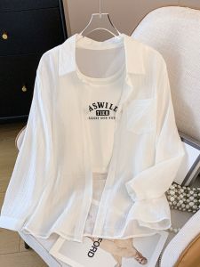 ชุดเสื้อเชิ้ตกันแดดสองชิ้นสไตล์เกาหลีสำหรับผู้หญิงไซส์ใหญ่ ทรงหลวม สไตล์ลำลอง ชุดทำงาน แขนยาว ปกโปโล