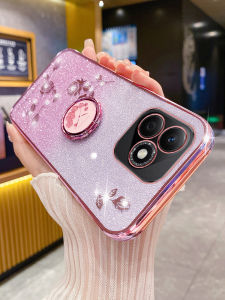 HonorX60i Phone Case Silicone Protective Full Lens Coverage Anti-Fall Soft Shell Glitter Rose Ring Stand Flower Design for Huawei Honor