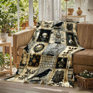 BILIBILI | Vintage Gothic Gold Crow Flannel Blanket Perfect for Sofa Office Bed Travel Sleep Read Relax Camping Four Season Use