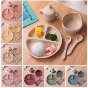 Color Kids 5PCS Silicone Baby Feeding Set Suction Bowl Plate With Spoon Forks BPA Free Learning Utensils Mealtime Tableware