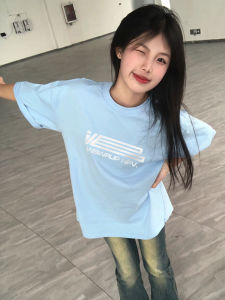 American Vintage Lazy Style Pure Cotton Short Sleeve T-Shirt Women Summer INS Striped Letter Casual Loose Top Streetwear