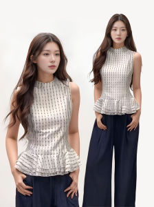 Slimming Plaid Sleeveless Top Ruffle Hem Waist Cinching Summer T-Shirt Original Design Printed Pure Color Slim Fit Womens Tee