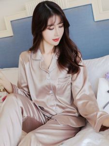 ชุดนอนผู้หญิงแขนยาวผ้าไหมเทียมฤดูใบไม้ผลิและฤดูใบไม้ร่วง ชุดอยู่บ้านเซ็กซี่ ขนาดใหญ่ ชุดนอนผ้าไหมเทียม ชุดอยู่บ้าน