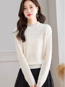 WANGGONGZHU | Elegant Slimming Cashmere Knit Base Shirt Womens Fashionable Spring New Style Wooden Edge Knitwear Korean Loose Fit Long Sleeve