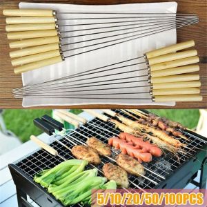 10-40PCS BBQ Skewers Wooden Handle Kebab Barbecue 35cm Needle Stainless Steel Signature Lamb Tools