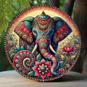 CIFbuy | Vintage Indian Ivory Elephant Mandala Metal Sign - Lotus Floral Design Home Room Wall Decor