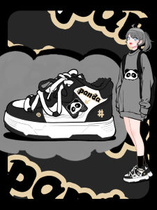 Korean Style High Top Sport Shoes Womens Panda Black White Casual Trendy Student Cross Buckle Shoes round Toe Flat Heel