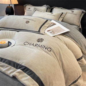 Luxurious Thickened Coral Fleece Bedding Set Cat Person Milk Velvet Four-Piece Suite Winter Warm Comforter Cover with French Style