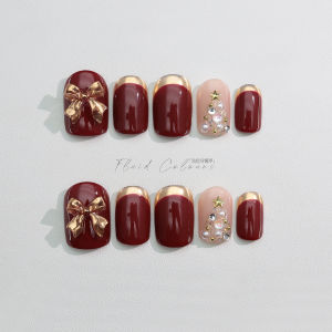 Removable French Style White Butterfly Bow Christmas Tree Design Nail Art Wearable False Nails Bright Color Handmade Nail Tips