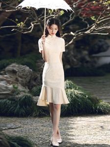 Young Womens Lace Cheongsam Short Style Elegant Design Fashionable Fish Tail Modification Small Size Summer Dress