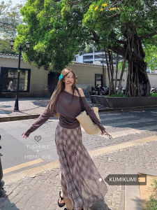 Shoulder Bared Long Sleeve T Shirt Waist Inning Top Women Summer High Waist Plaid Mini Skirt Lazy Two Piece Set Fashionable Streetwear