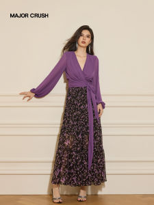 Vintage Floral Violet Lilac Rose Wrap V-neck Waist-accentuating Dress