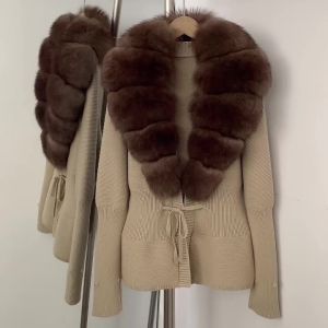 Knitwear Real Fur Jacket Cardigan for Women Luxury Sweater Fur Detachable Patchwork Knitted Fur Collar Lace Sweater Fur Coat