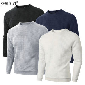 Autumn Mens Crew Neck Pullover Solid Color Casual Jacquard Check Sweatshirt Long Sleeve Warm Slim Sweaters Knitted Streetwear
