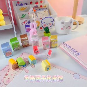 Sanrio Eraser With Mini Milk Box Melody Kuromi Cinnamoroll Purin Kitty Cute Erasers Stationery