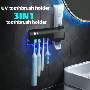 White & Black Automatic Toothpaste Dispenser & Toothbrush Holder USB Rechargeable Wall-Mounted Bathroom Organizer No Drill