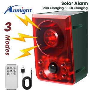 Aunlight Solar Sensor Alarm Outdoor Motion Detection Sirens with 130dB Dog Barking and Gunshots USB Charging and Strobe Lights Effectively Stopping Intruders
