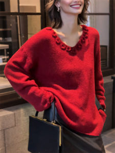 QINGNAER | Retro Stylish Laid-back Loose-fitting Red 3D Flower V-neck Womens Sweater