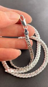 Mens Necklace 925 Sterling Silver 5MM Sideways Cuban Chain 20 Inch Fashion Simple Daily Jewelry