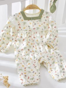 Cotton Romper Baby Girl Spring Autumn Outfit Floral Print Square Collar Onesie Comfortable Soft Cotton Polyester Blend