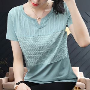 Herstory เสื้อยืดคอวีแขนสั้นผู้หญิงเสื้อคอปกทรงหลวมเสื้อยาวครึ่งแขน