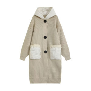 Guobioziy Womens Top 2026 New Style Hooded Patchwork Quilted Long Knit Cardigan Coat Combining Warmth And A Casual Vibe