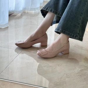 Nude Color Soft Leather Single Shoes Spring Summer Autumn Classic Buckle Smooth Leather Slip-On Thick Heel Commute Fashionable