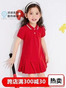 Childrens Summer Dress Polo Skirt Sweet Style Girls Thin Tennis Skirt Casual Cotton Short Sleeve Cartoon Pattern Daily Wear