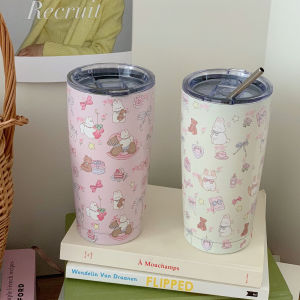 Large Capacity Cat Themed Straw Water Bottle Cute Female Student Couple Insulated DIY Juice Coffee Cup Stainless Steel 550ml